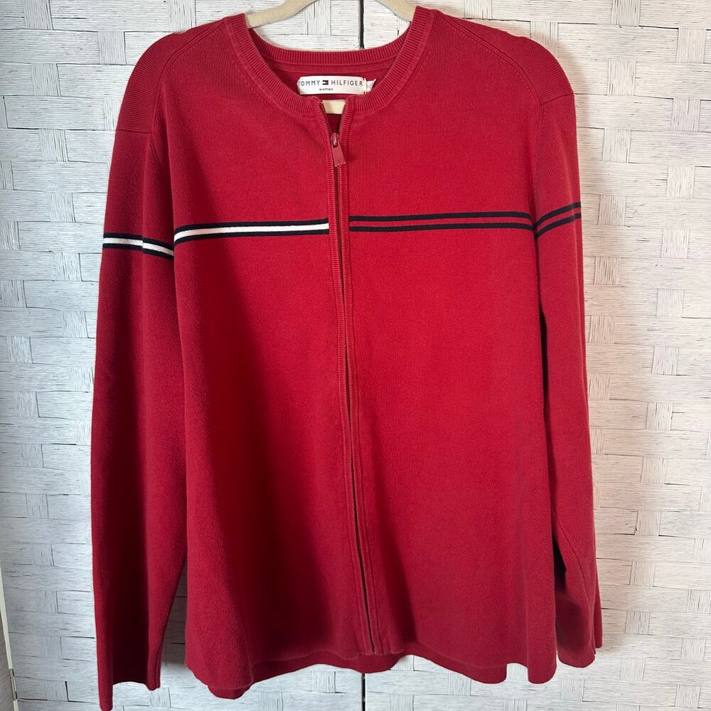 Tommy Hilfiger‎ vintage cardigan, red blue white Tommy line zip front plus size